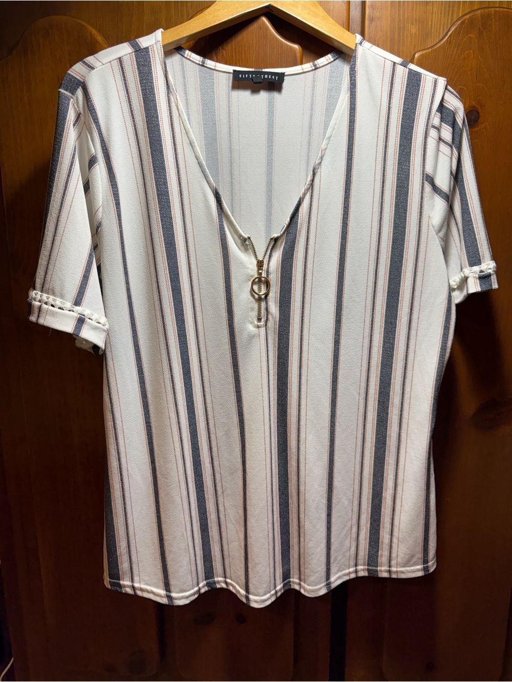 Striped V-Neck Short Sleeve Tee with Zip Ring Accent - Cream/Navy/Brown